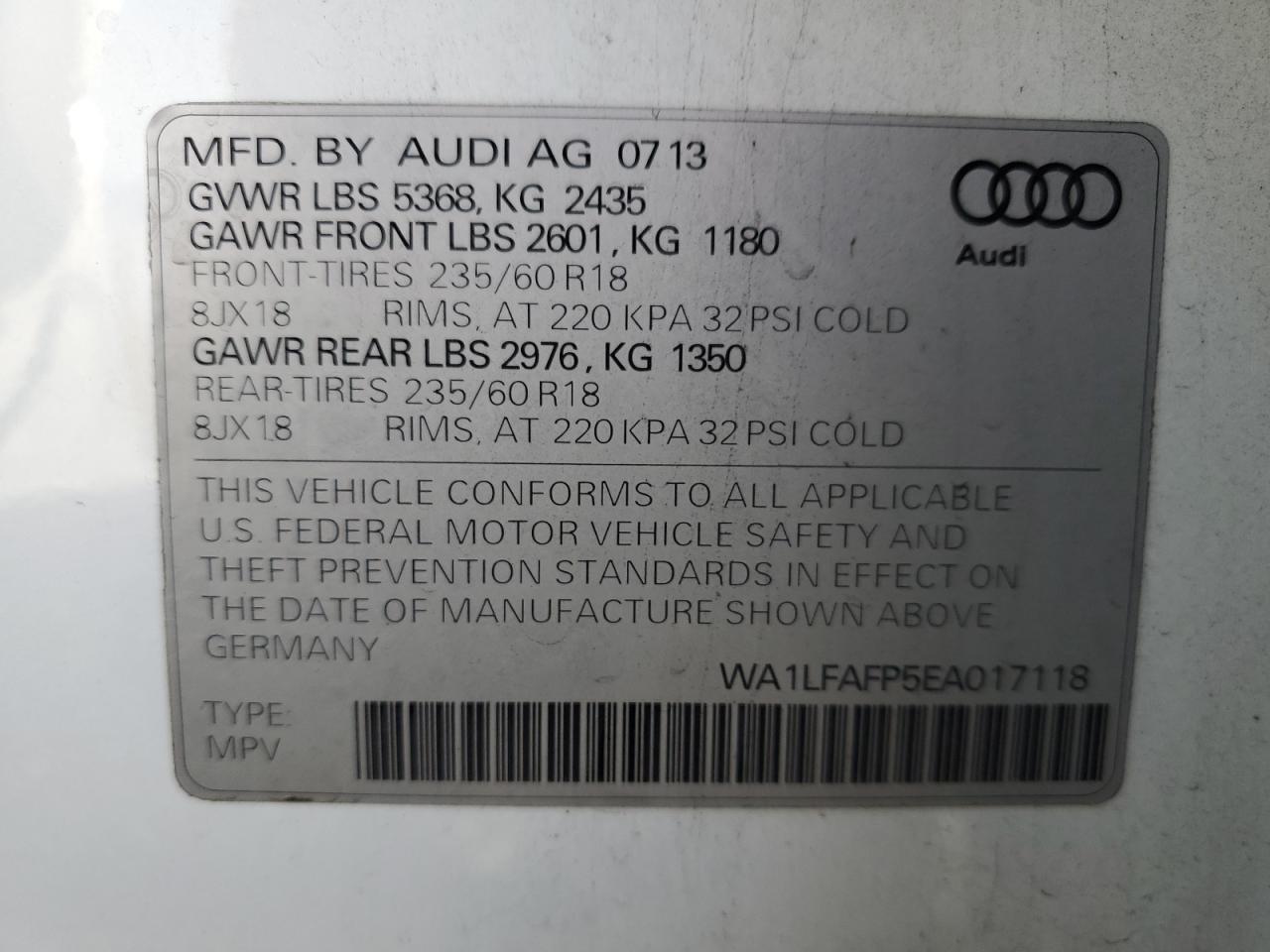 2014 Audi Q5 Premium Plus VIN: WA1LFAFP5EA017118 Lot: 82009385