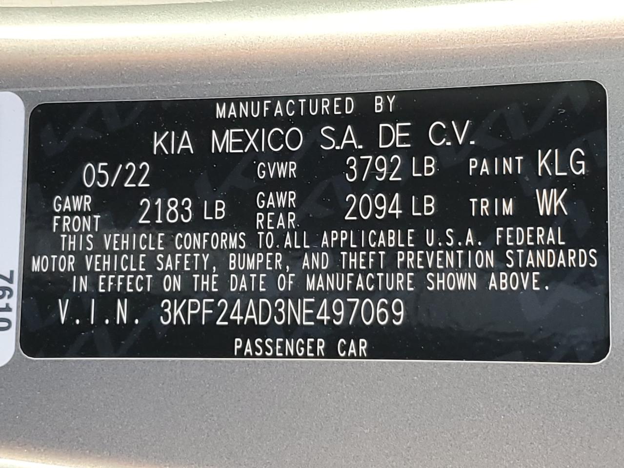 2022 Kia Forte Fe VIN: 3KPF24AD3NE497069 Lot: 85296625