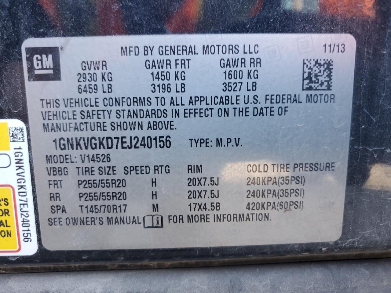 2014 Chevrolet Traverse Lt VIN: 1GNKVGKD7EJ240156 Lot: 82327295