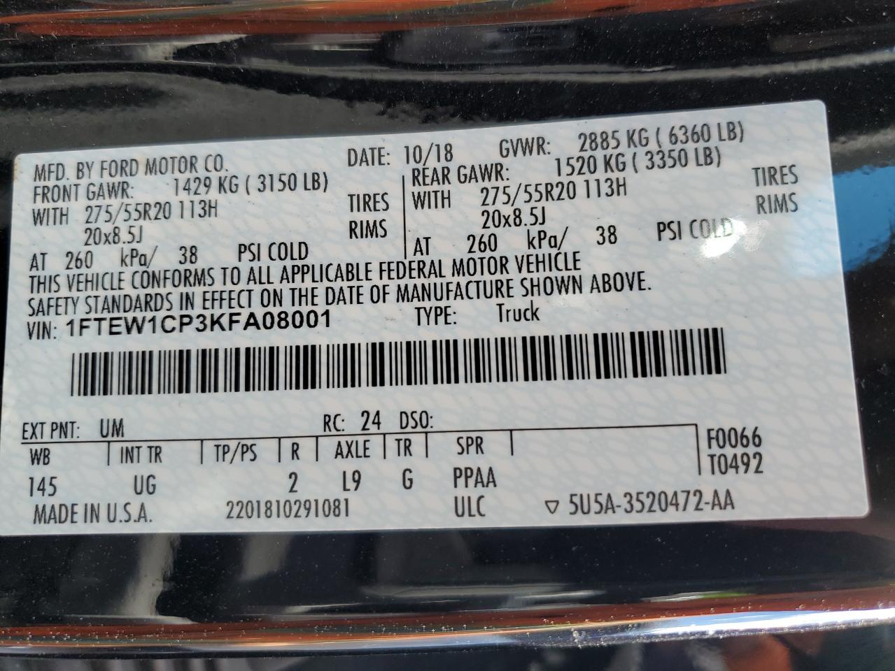 2019 Ford F150 Supercrew VIN: 1FTEW1CP3KFA08001 Lot: 86113185