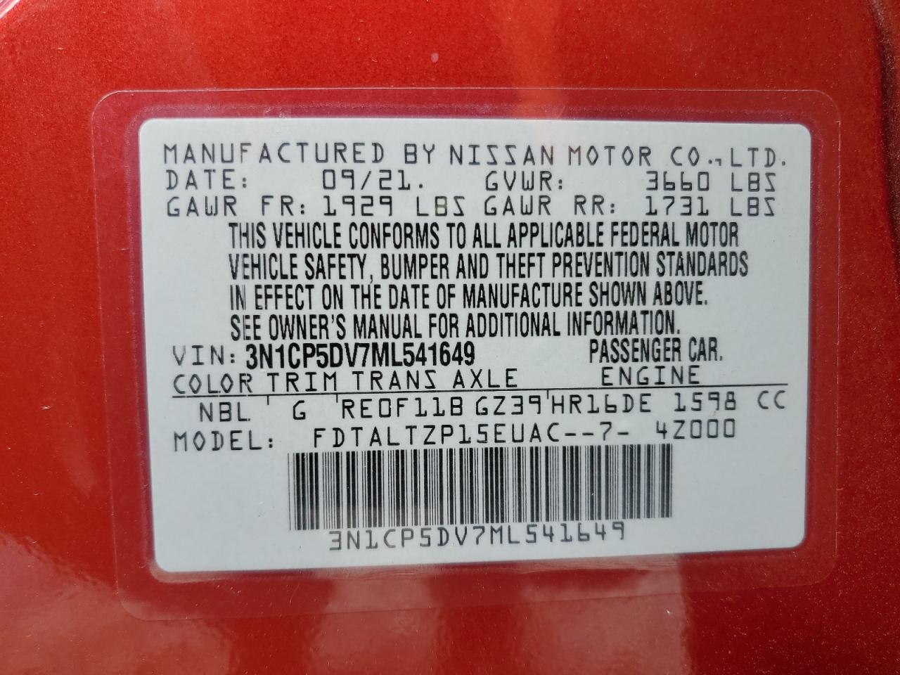 2021 Nissan Kicks Sr VIN: 3N1CP5DV7ML541649 Lot: 82428465