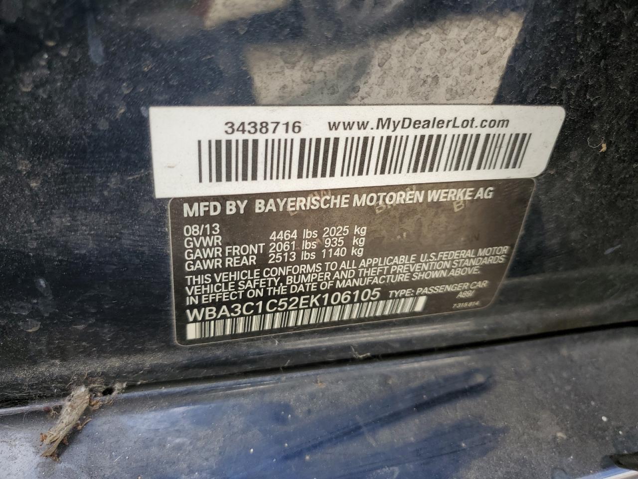 2014 BMW 328 I Sulev VIN: WBA3C1C52EK106105 Lot: 86253655