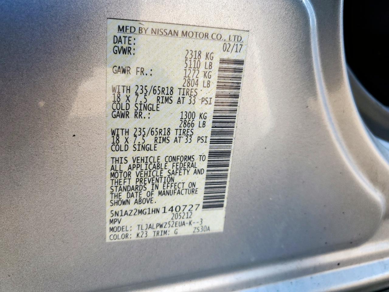 2017 Nissan Murano S VIN: 5N1AZ2MG1HN140727 Lot: 82457615
