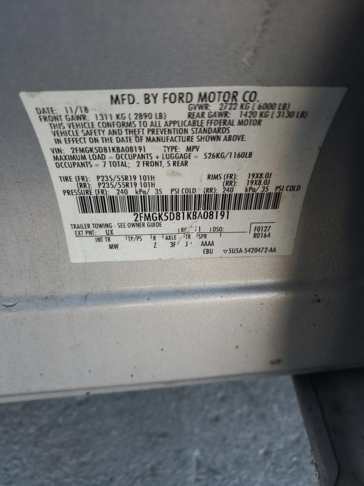 2019 Ford Flex Limited VIN: 2FMGK5D81KBA08191 Lot: 86713005