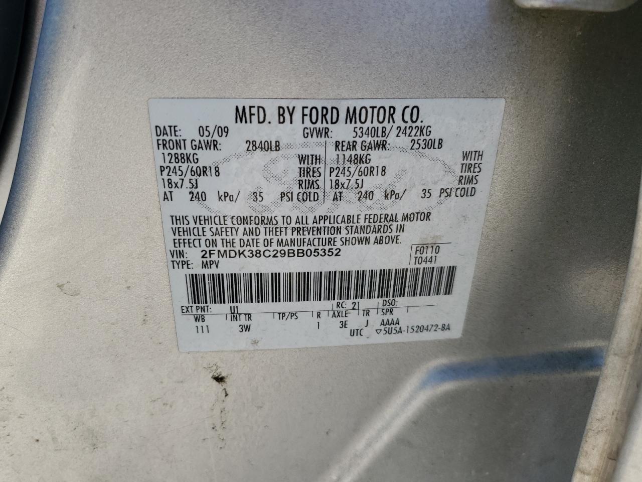 2009 Ford Edge Sel VIN: 2FMDK38C29BB05352 Lot: 84778055