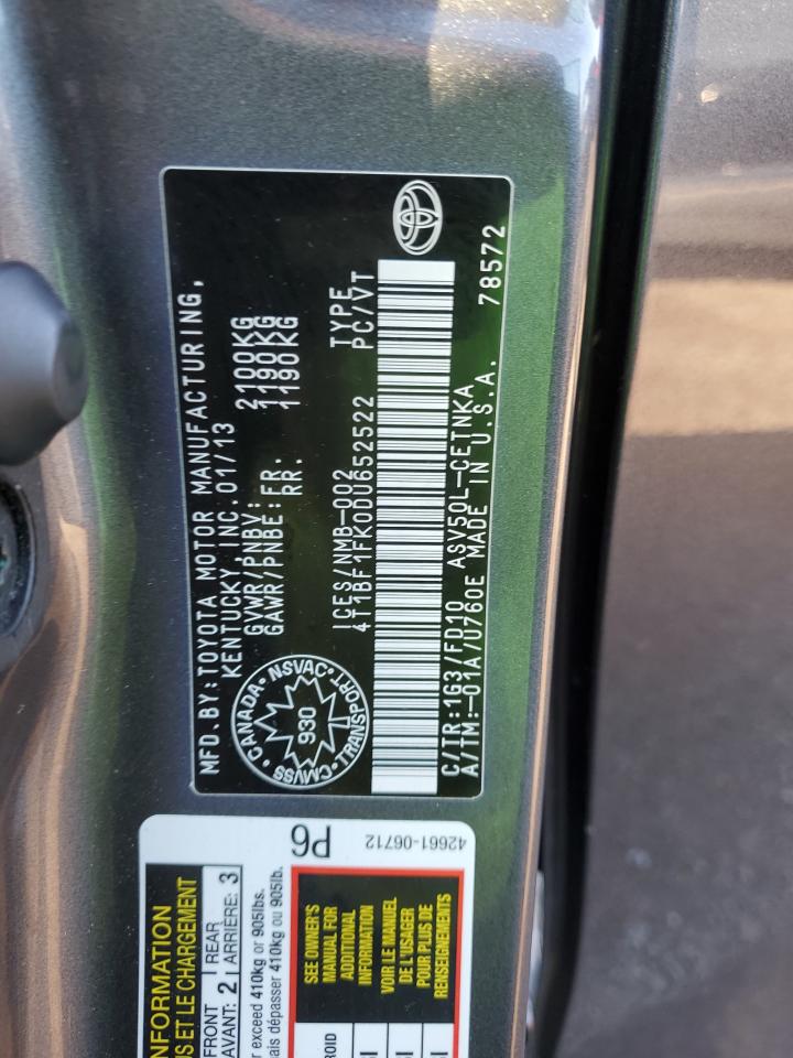 2013 Toyota Camry L VIN: 4T1BF1FK0DU652522 Lot: 85081905