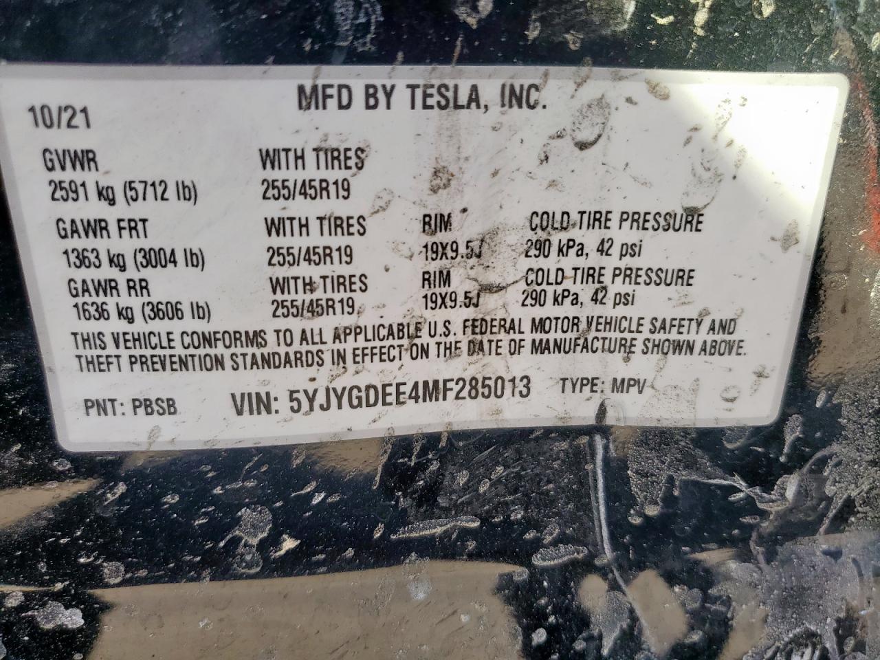 2021 Tesla Model Y VIN: 5YJYGDEE4MF285013 Lot: 85580275