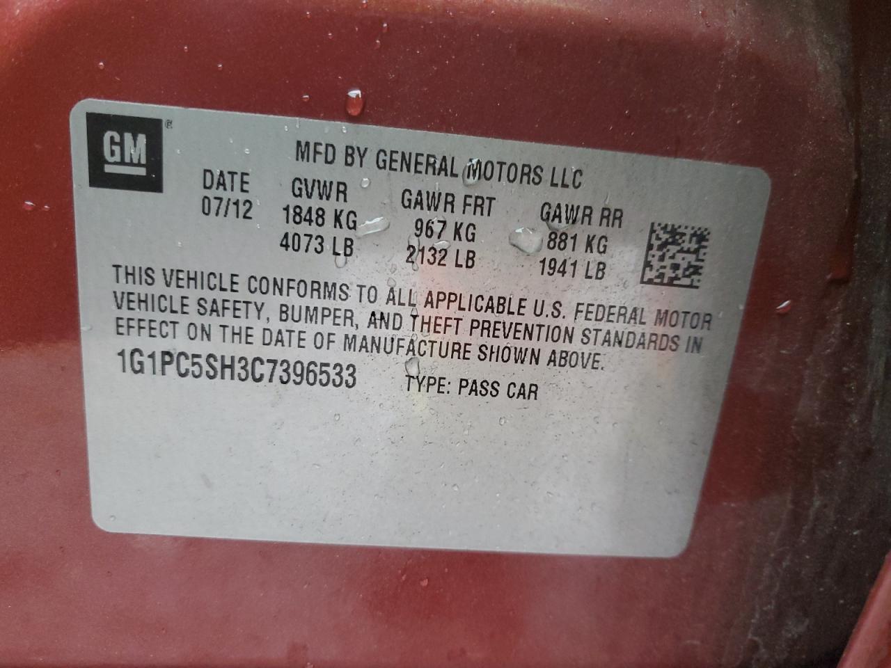 2012 Chevrolet Cruze Ls VIN: 1G1PC5SH3C7396533 Lot: 86272605