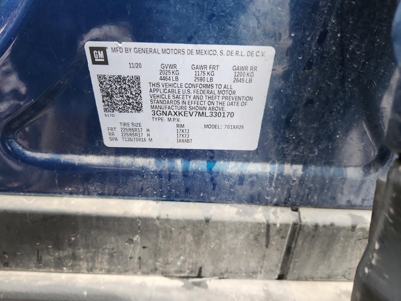 2021 Chevrolet Equinox Lt VIN: 3GNAXKEV7ML330170 Lot: 86111875