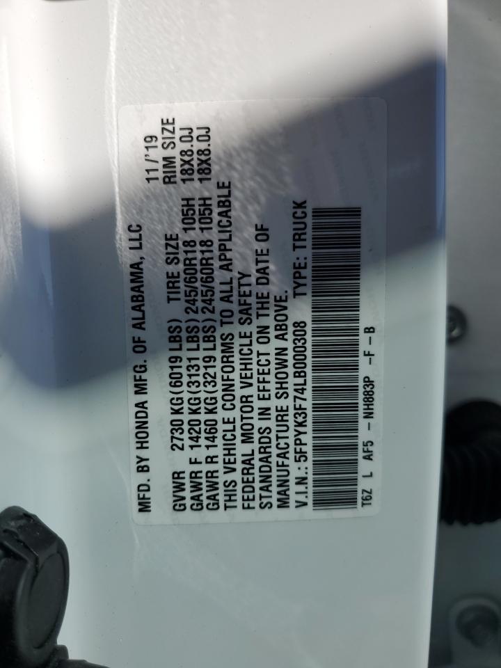 2020 Honda Ridgeline Rtl VIN: 5FPYK3F74LB000308 Lot: 87074235