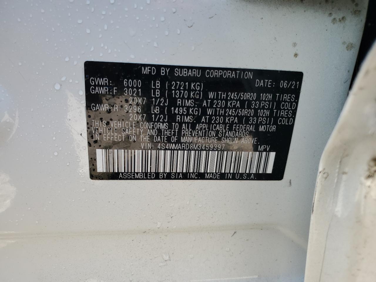 2021 Subaru Ascent Touring VIN: 4S4WMARD8M3459397 Lot: 89874075