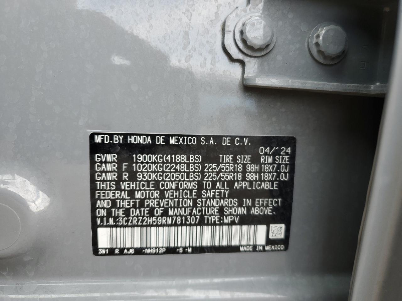 2024 Honda Hr-V Sport VIN: 3CZRZ2H59RM781307 Lot: 90550785