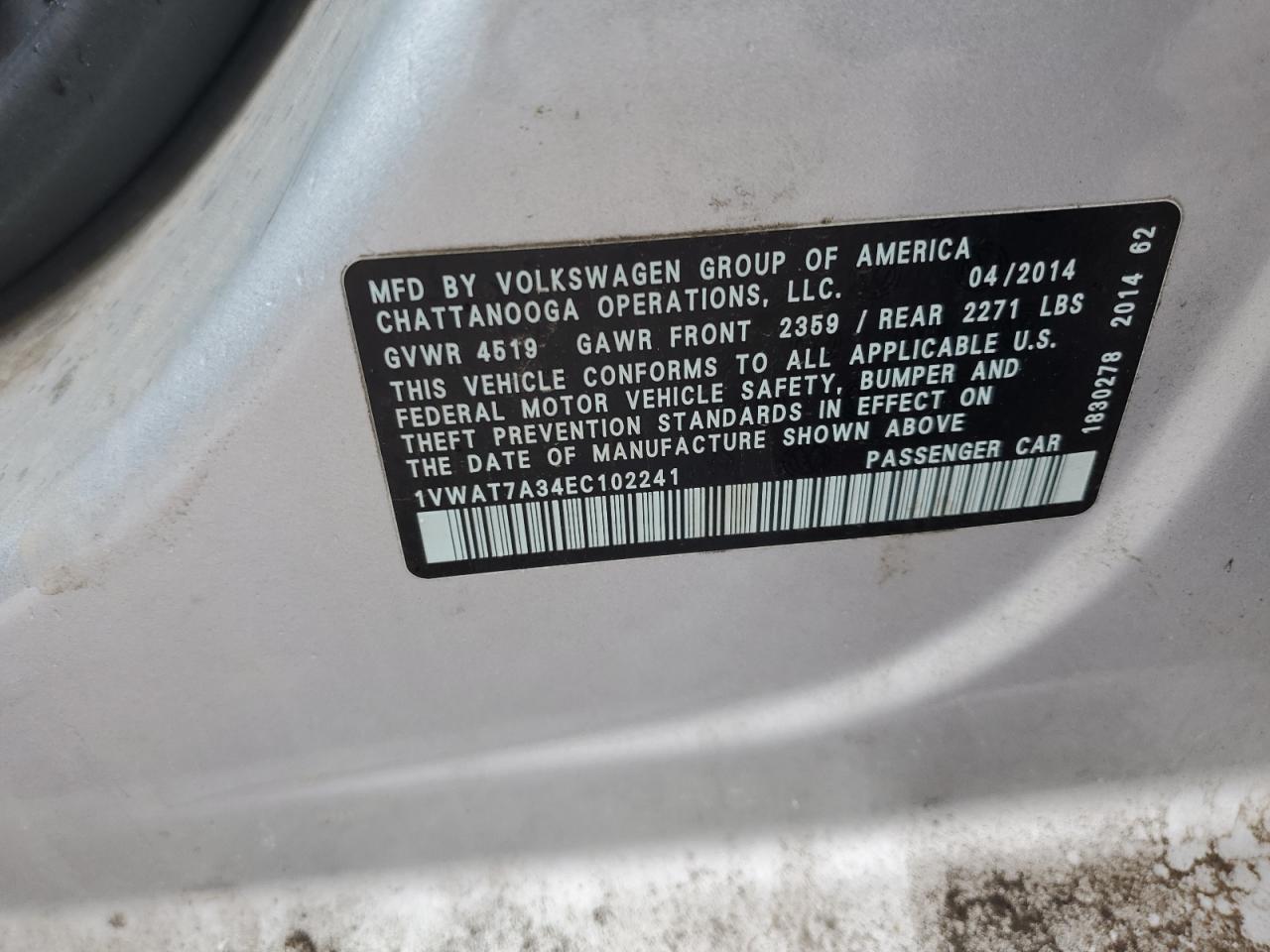 2014 Volkswagen Passat S VIN: 1VWAT7A34EC102241 Lot: 82319785