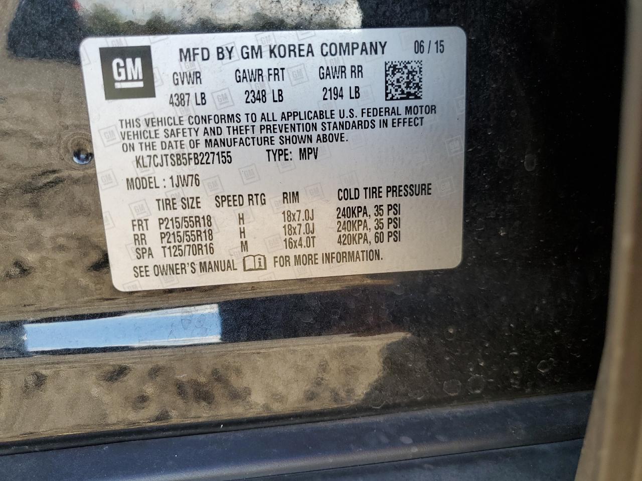 2015 Chevrolet Trax Ltz VIN: KL7CJTSB5FB227155 Lot: 86482125