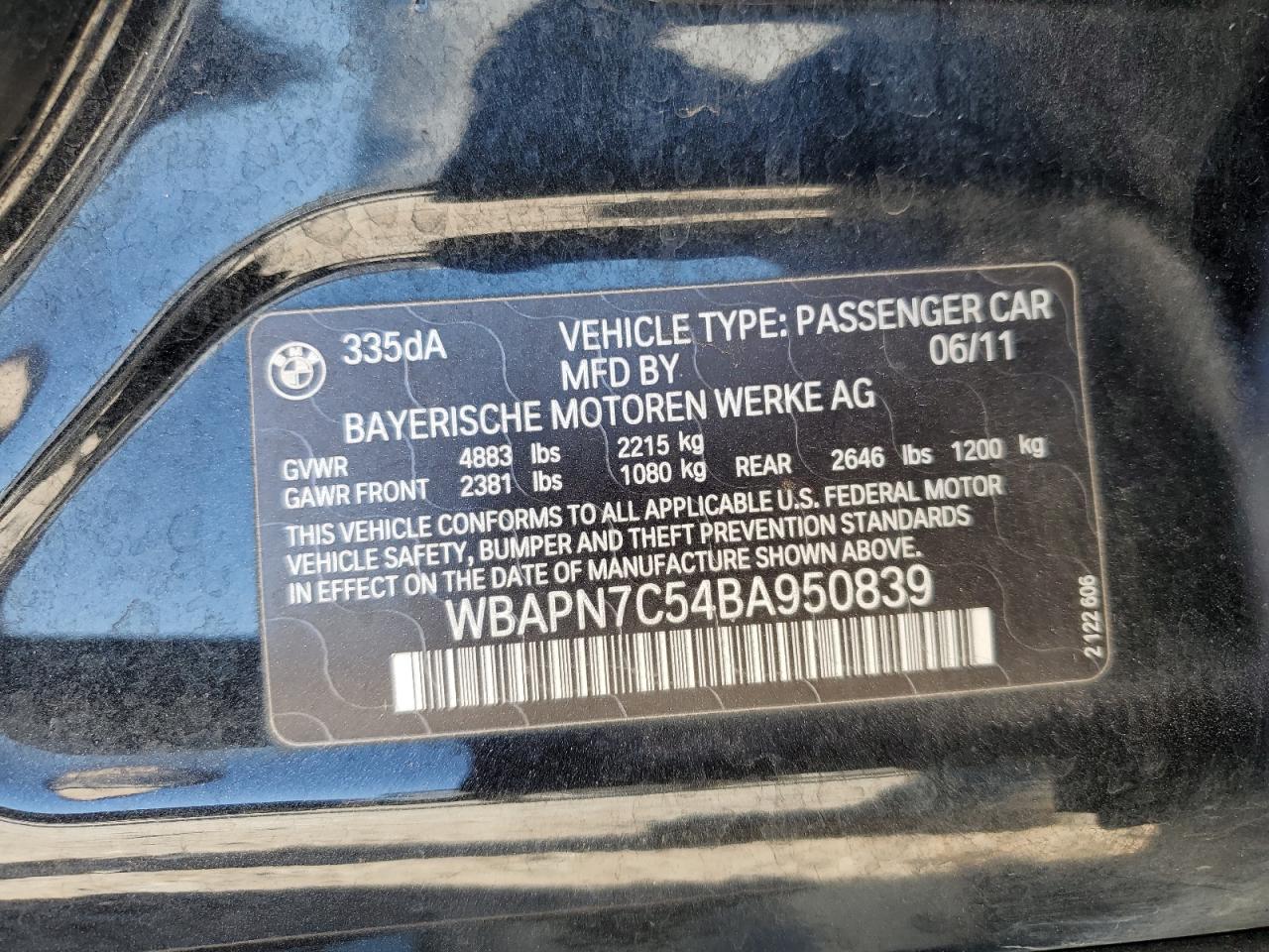 2011 BMW 335 D VIN: WBAPN7C54BA950839 Lot: 82388795