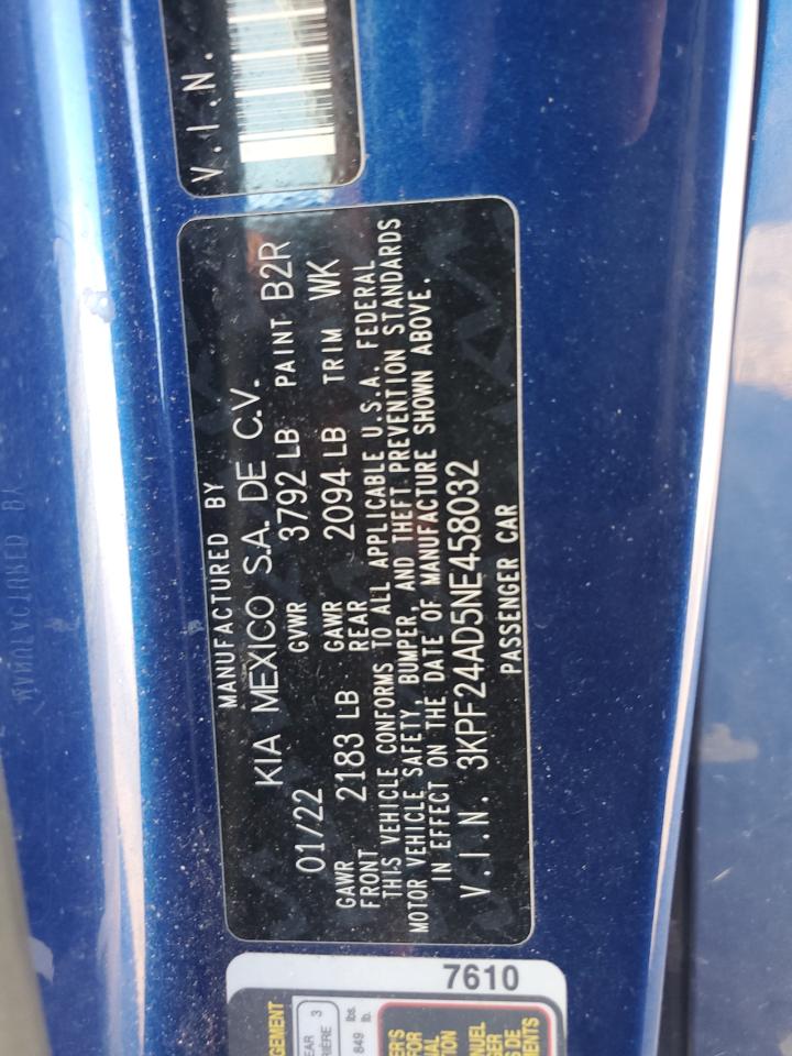 2022 Kia Forte Fe VIN: 3KPF24AD5NE458032 Lot: 86856925
