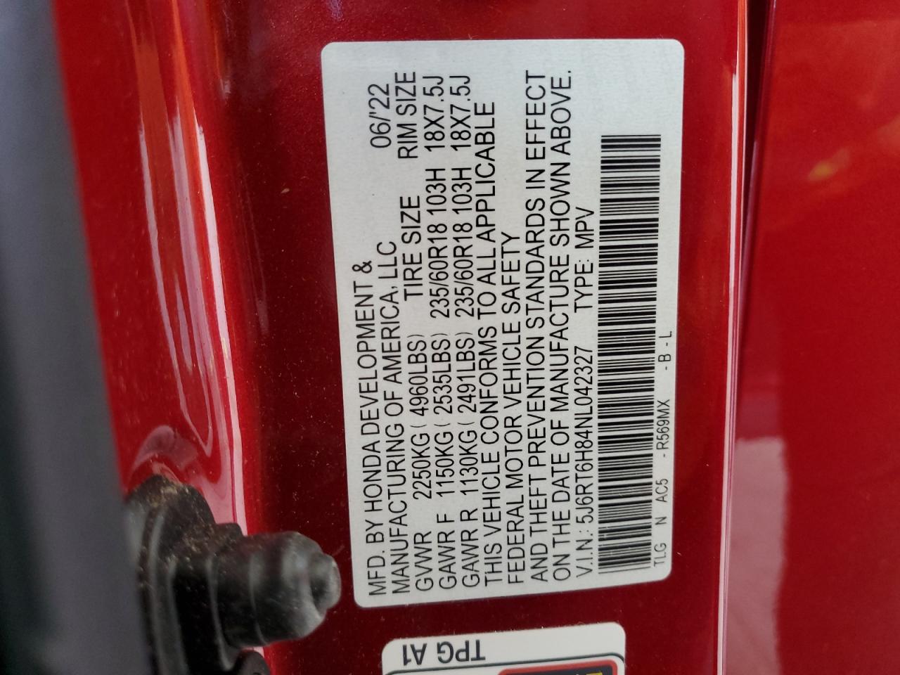 2022 Honda Cr-V Exl VIN: 5J6RT6H84NL042327 Lot: 85185355