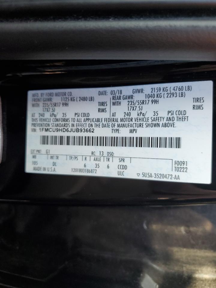 2018 Ford Escape Sel VIN: 1FMCU9HD6JUB93662 Lot: 86870095