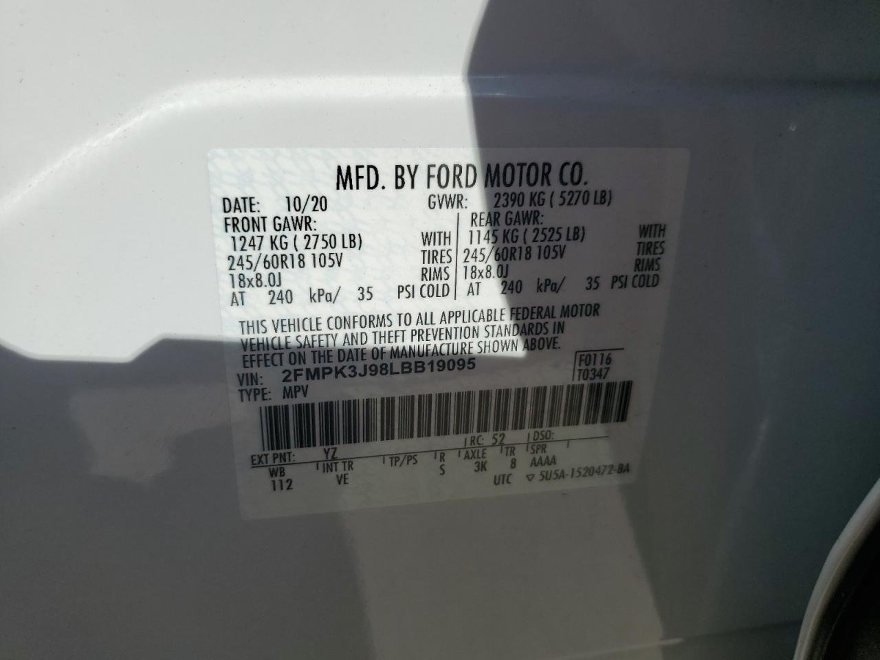 2020 Ford Edge Sel VIN: 2FMPK3J98LBB19095 Lot: 86496995