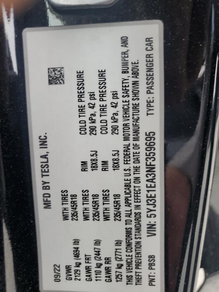 2022 Tesla Model 3 VIN: 5YJ3E1EA3NF359695 Lot: 85195995