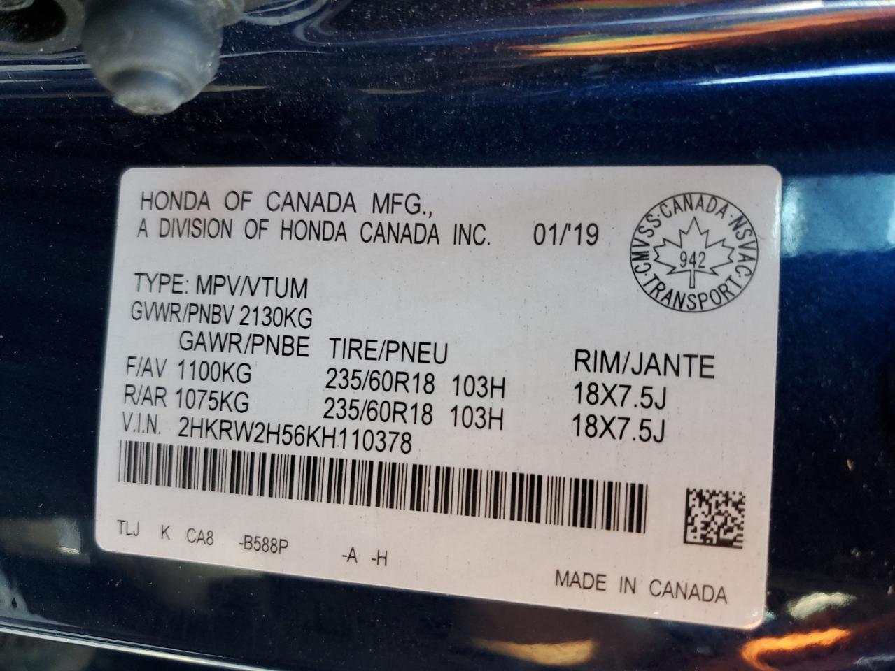 2019 Honda Cr-V Ex VIN: 2HKRW2H56KH110378 Lot: 85687445