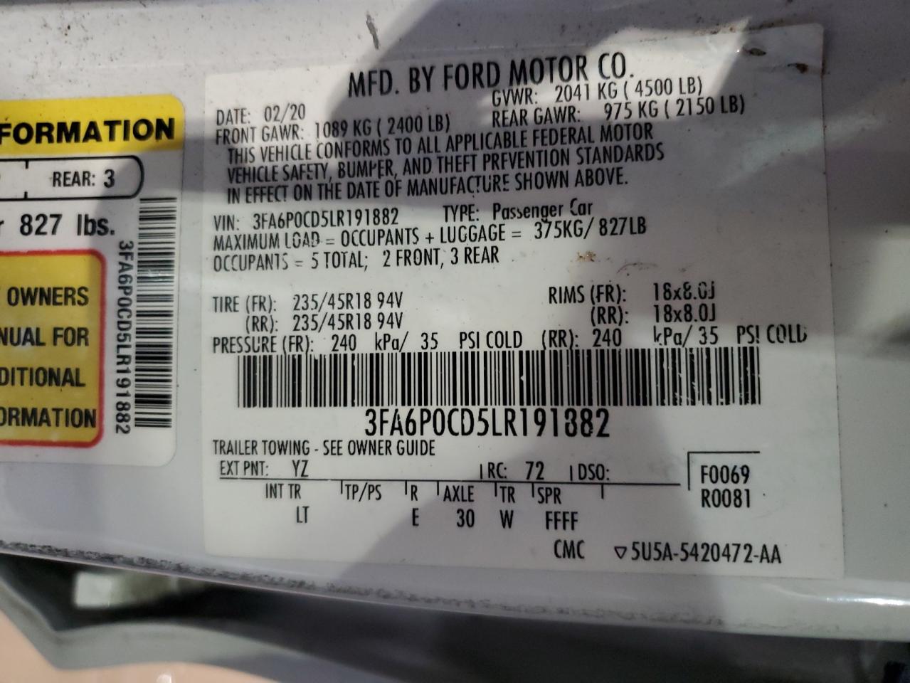 2020 Ford Fusion Sel VIN: 3FA6P0CD5LR191882 Lot: 81910355