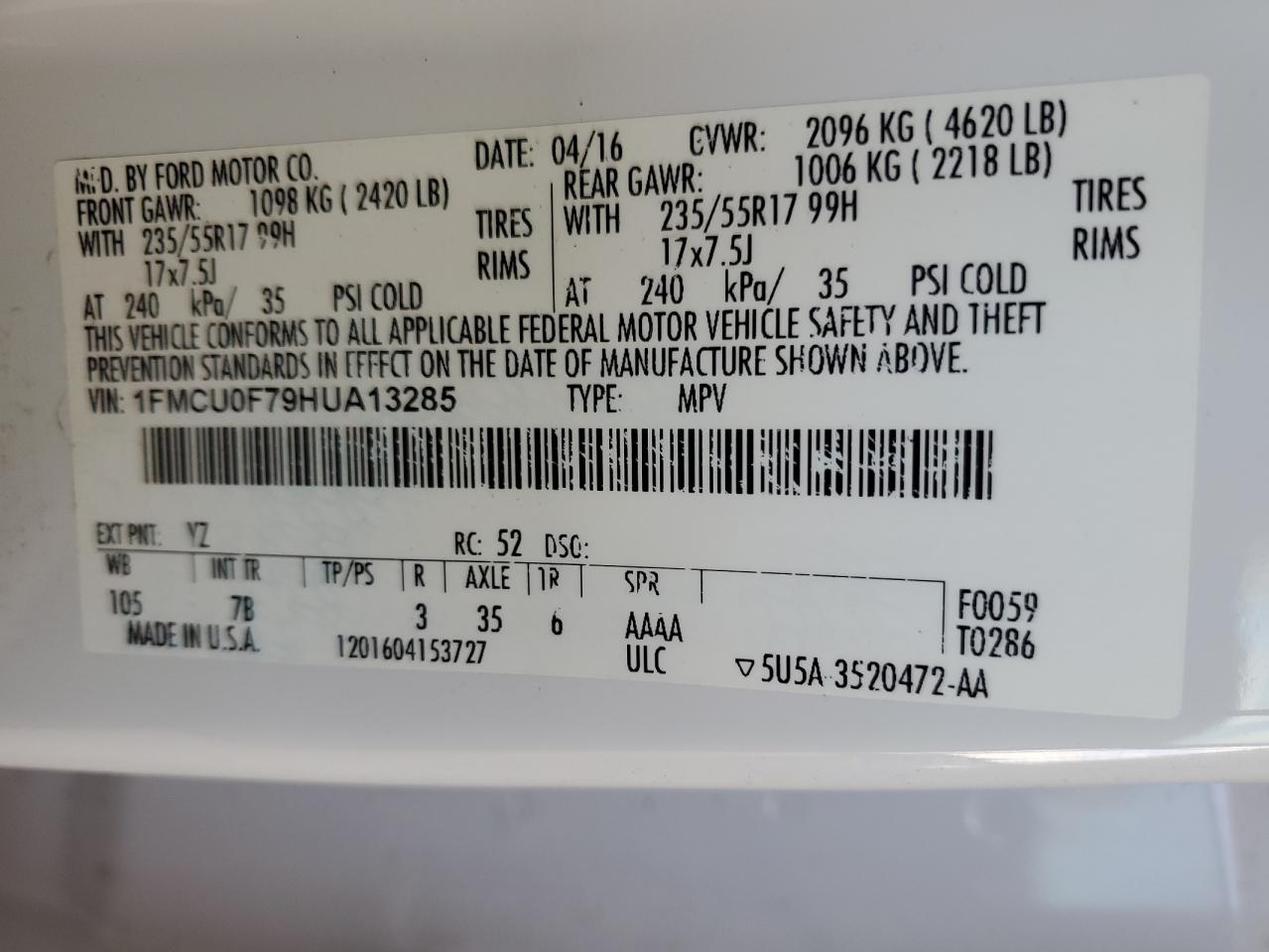 2017 Ford Escape S VIN: 1FMCU0F79HUA13285 Lot: 85011945