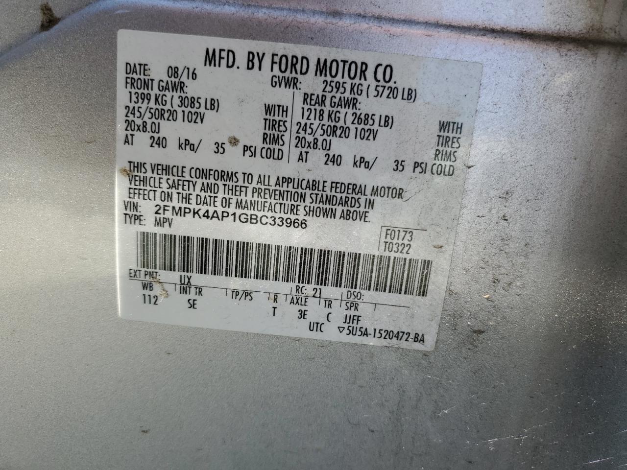 2016 Ford Edge Sport VIN: 2FMPK4AP1GBC33966 Lot: 86447805