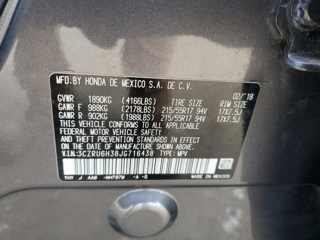 2018 Honda Hr-V Lx VIN: 3CZRU6H38JG716438 Lot: 85280805