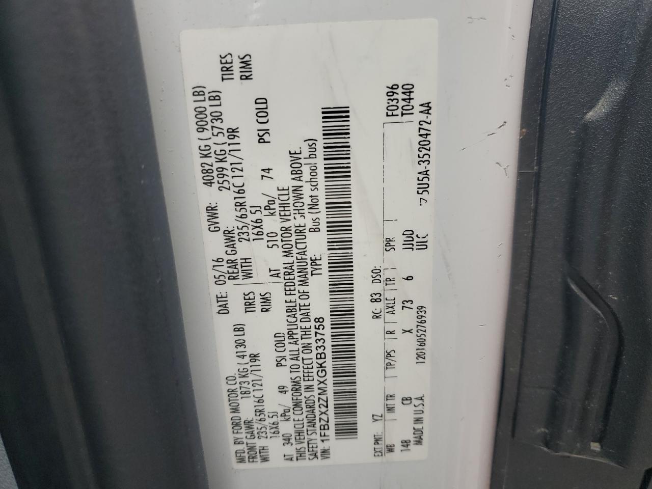 2016 Ford Transit T-350 VIN: 1FBZX2ZMXGKB33758 Lot: 84640405