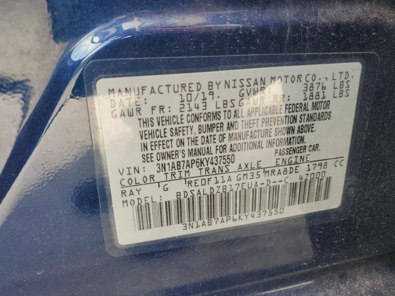 2019 Nissan Sentra S VIN: 3N1AB7AP6KY437550 Lot: 85829935