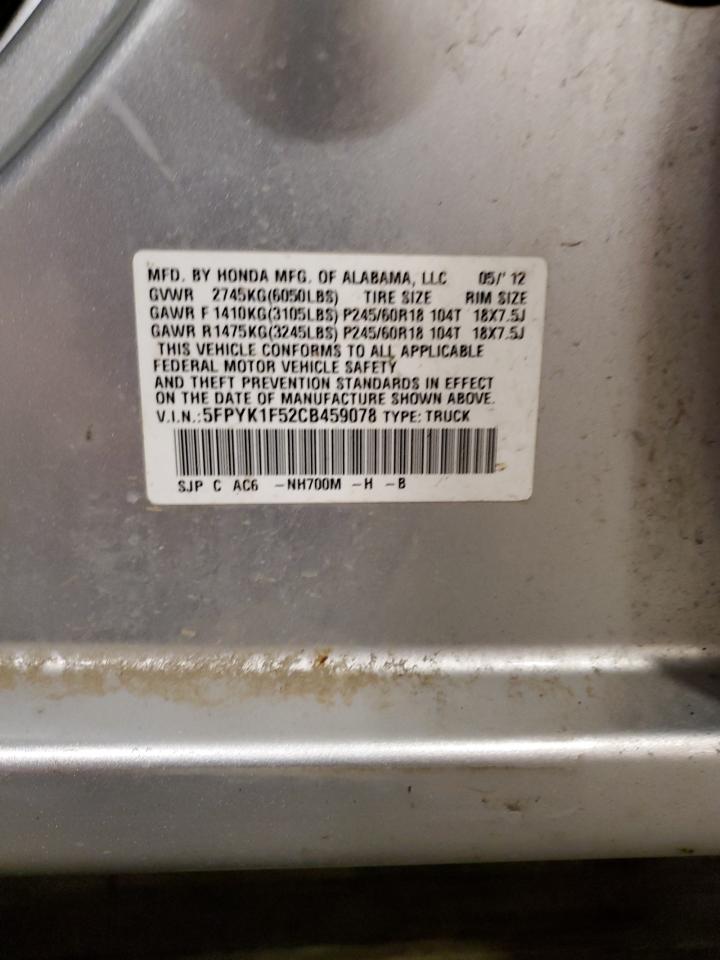 2012 Honda Ridgeline Rtl VIN: 5FPYK1F52CB459078 Lot: 85762945