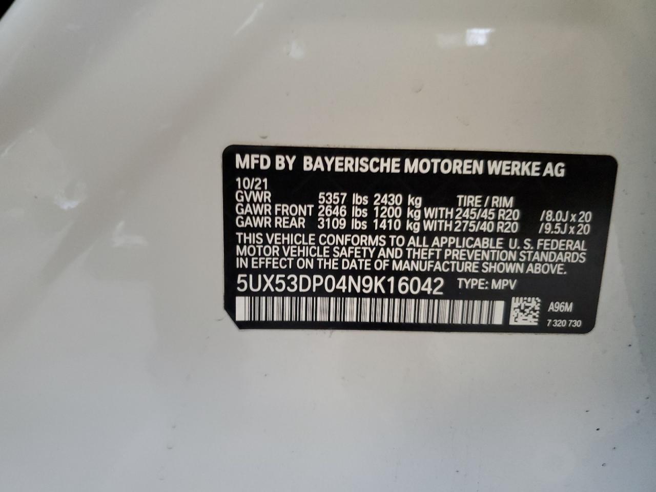 2022 BMW X3 xDrive30I VIN: 5UX53DP04N9K16042 Lot: 81998285