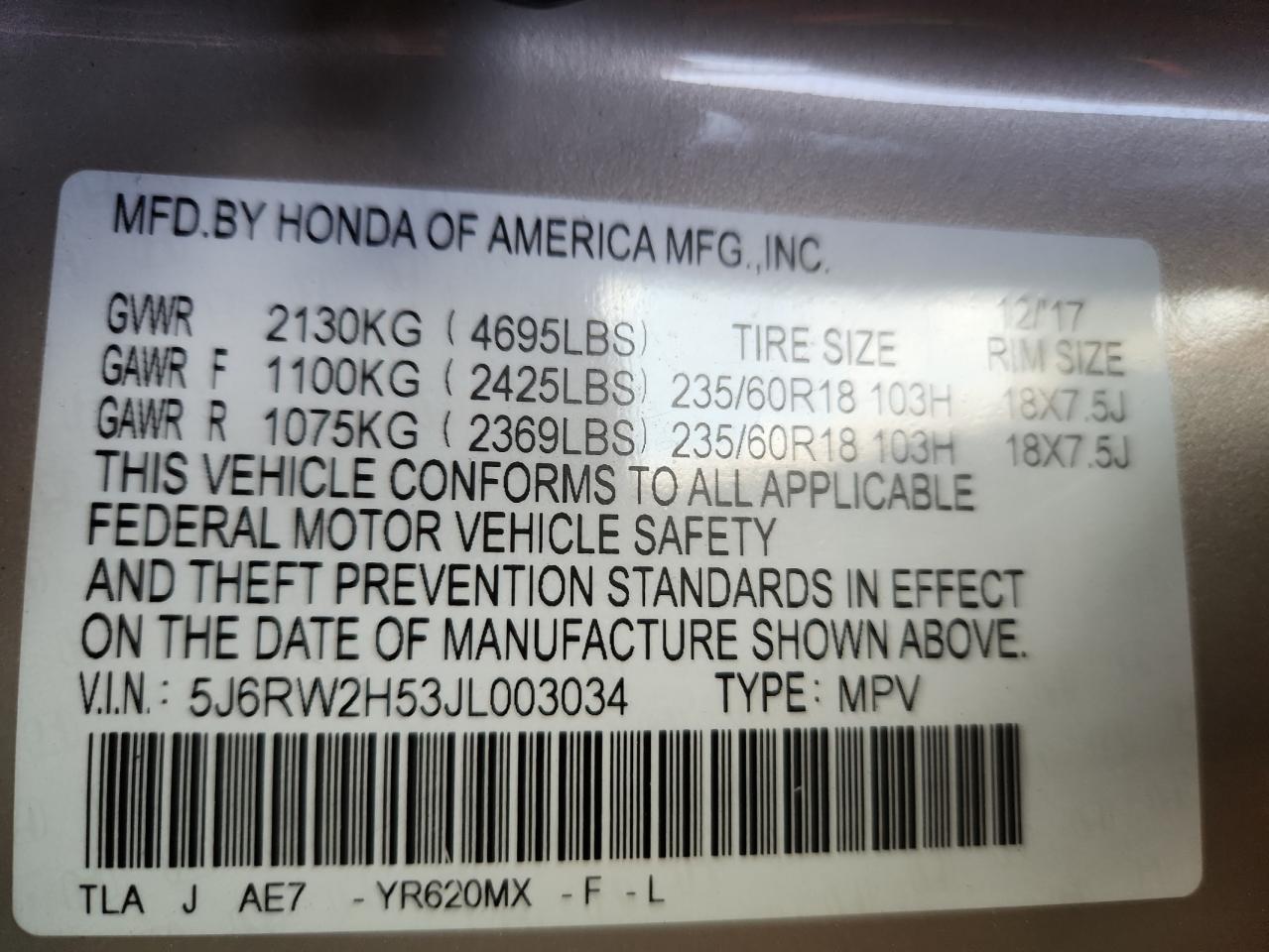 2018 Honda Cr-V Ex VIN: 5J6RW2H53JL003034 Lot: 86834555