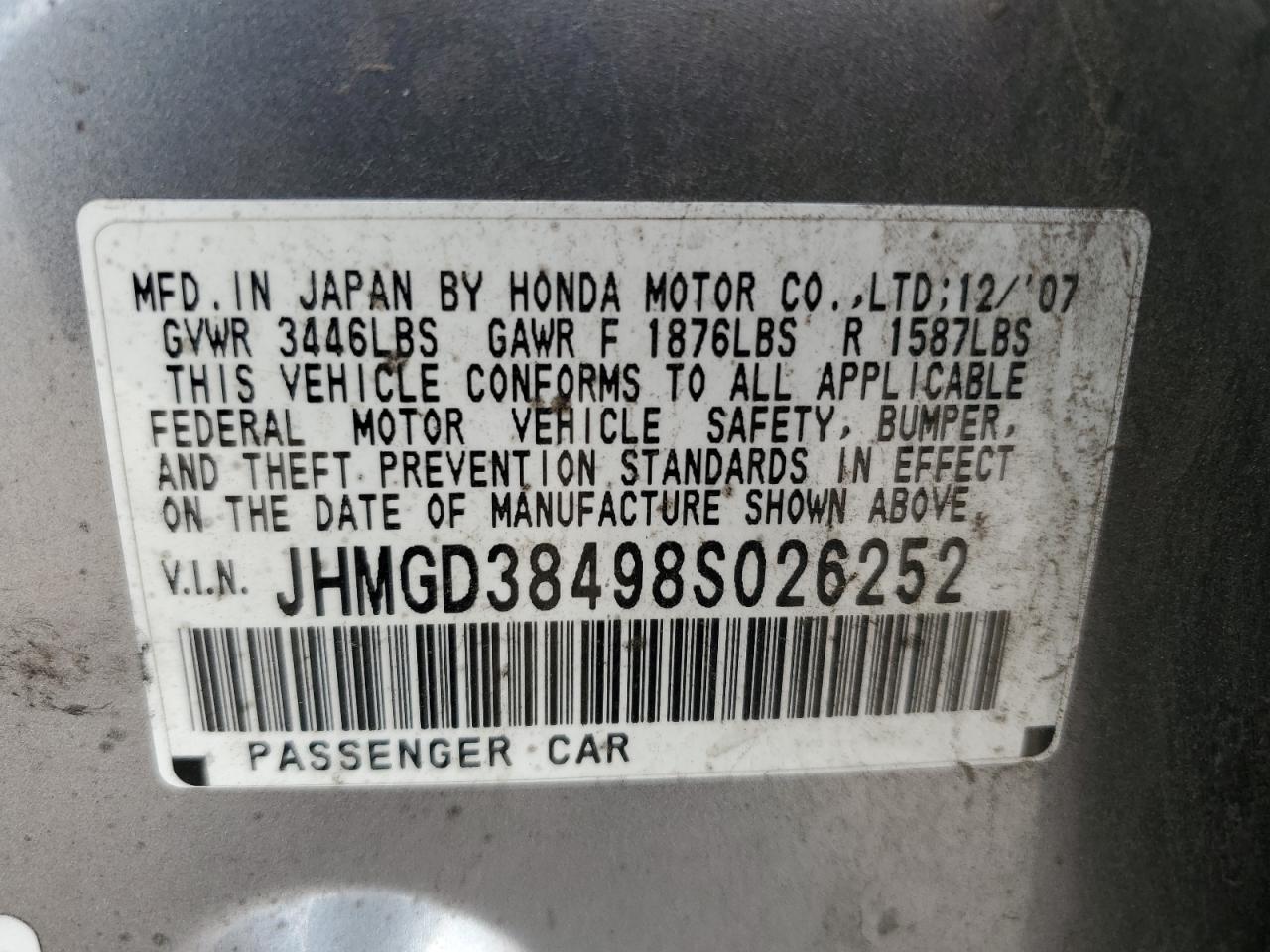 2008 Honda Fit VIN: JHMGD38498S026252 Lot: 85723115