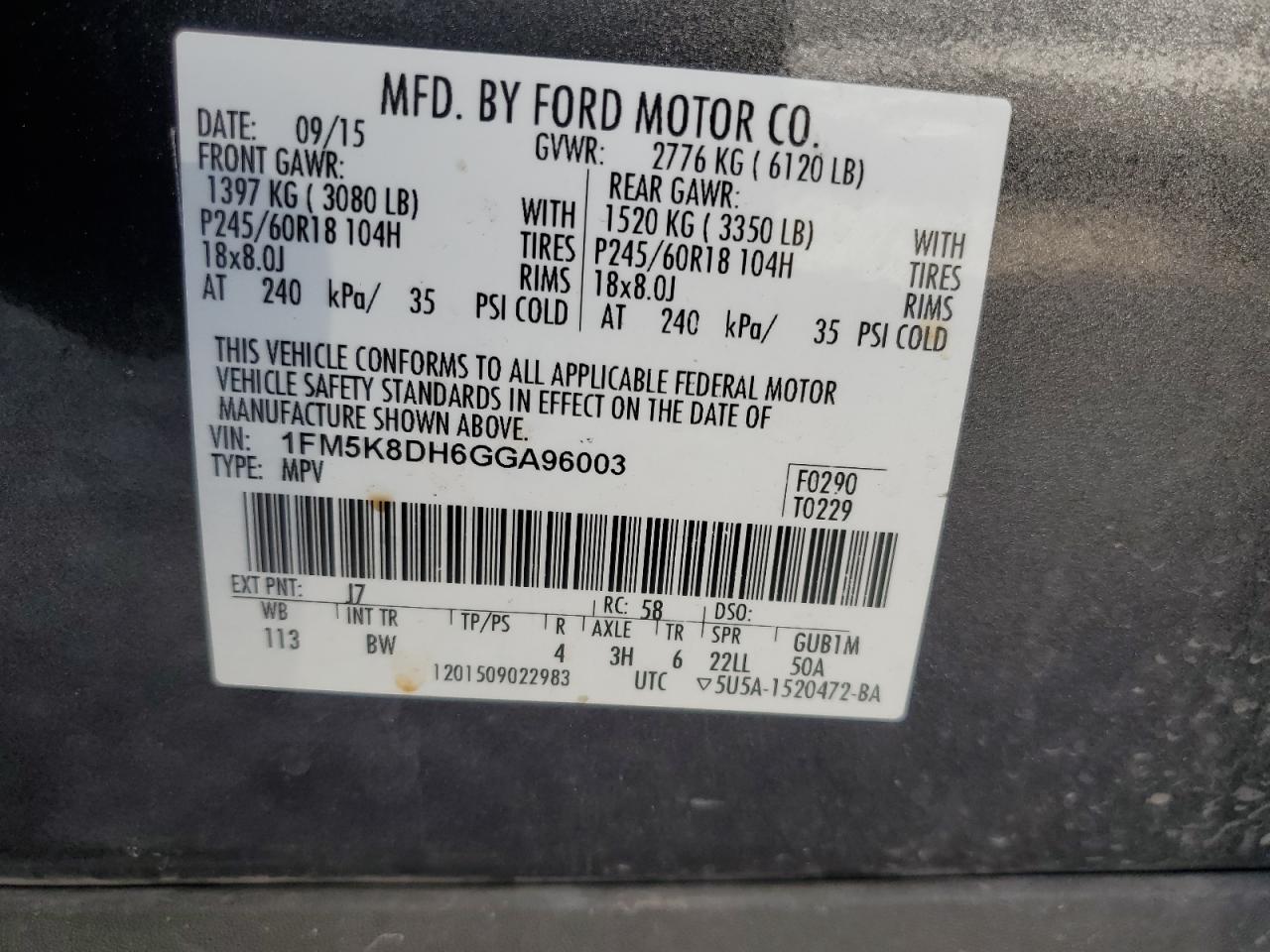 2016 Ford Explorer Xlt VIN: 1FM5K8DH6GGA96003 Lot: 82205165