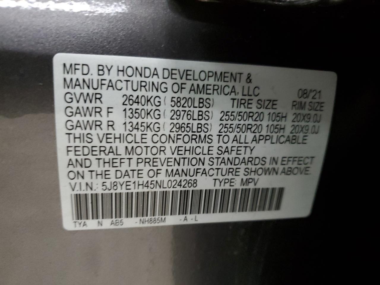 2022 Acura Mdx Technology VIN: 5J8YE1H45NL024268 Lot: 86427685