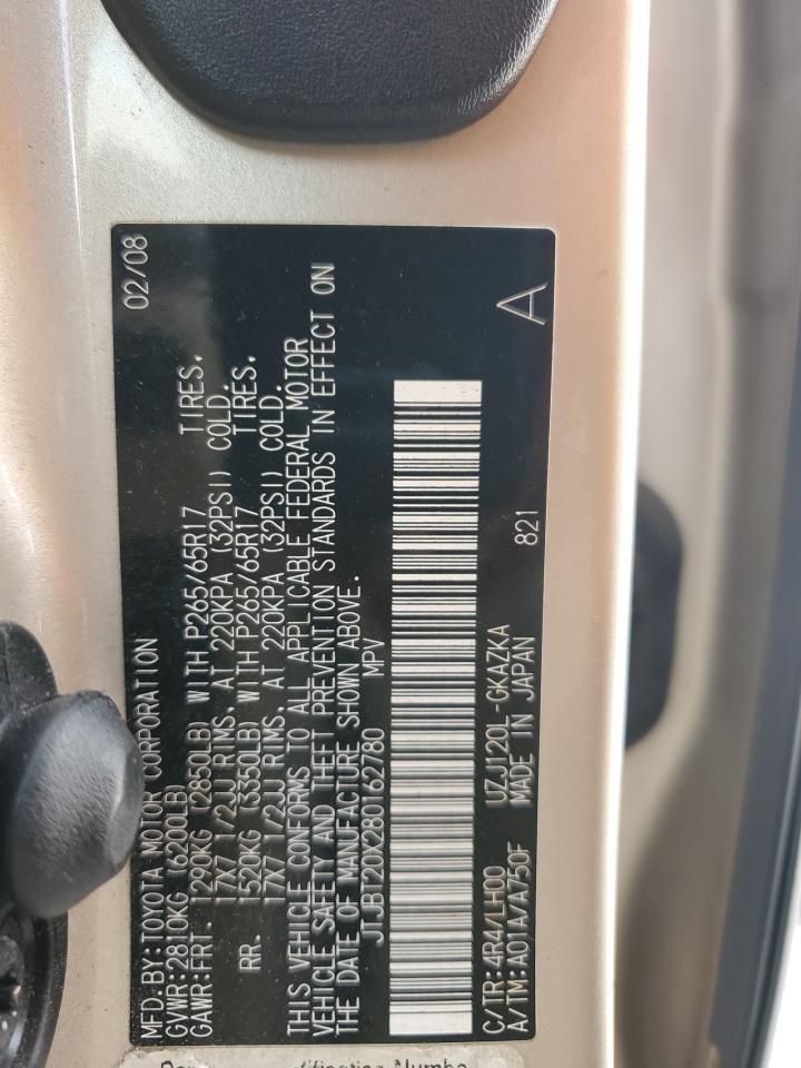 2008 Lexus Gx 470 VIN: JTJBT20X280162780 Lot: 89848965