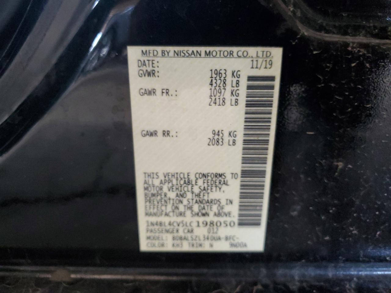 2020 Nissan Altima Sr VIN: 1N4BL4CV5LC198050 Lot: 86323325