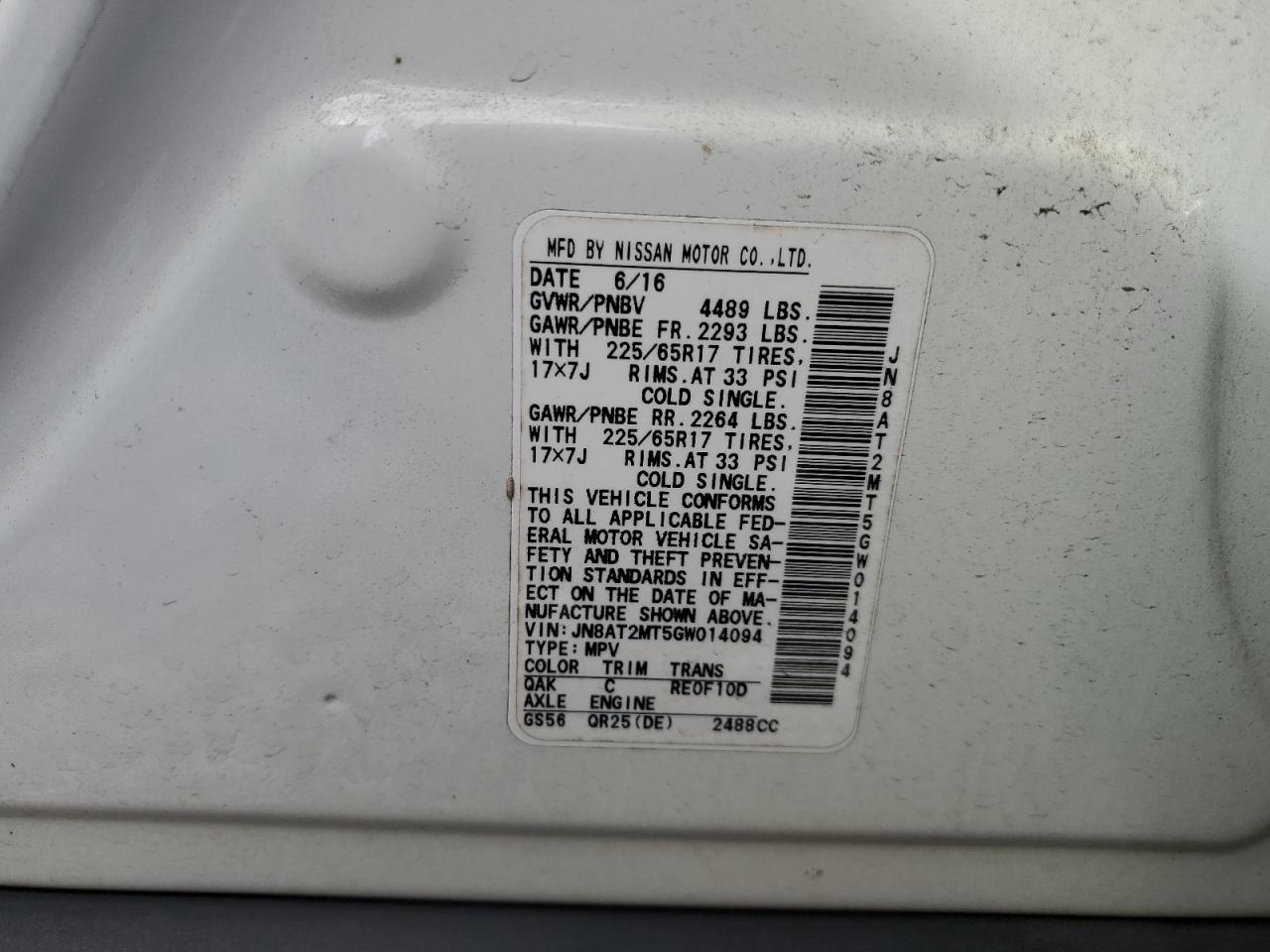 2016 Nissan Rogue S VIN: JN8AT2MT5GW014094 Lot: 82346455