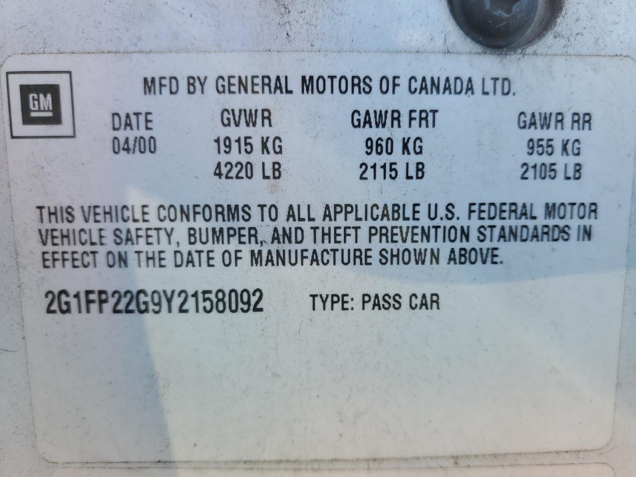 2000 Chevrolet Camaro Z28 VIN: 2G1FP22G9Y2158092 Lot: 85589315