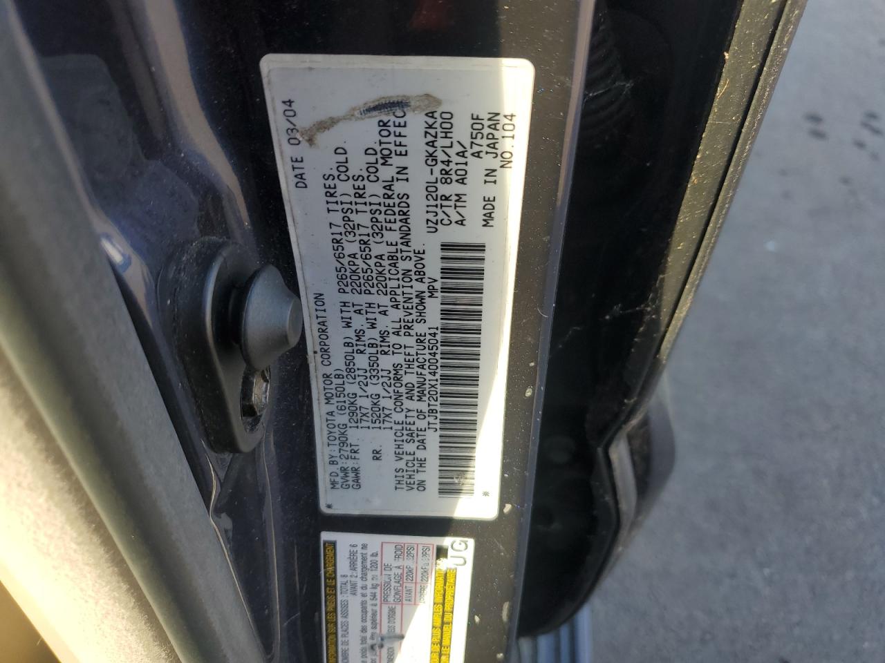 2004 Lexus Gx 470 VIN: JTJBT20X140045041 Lot: 87418385