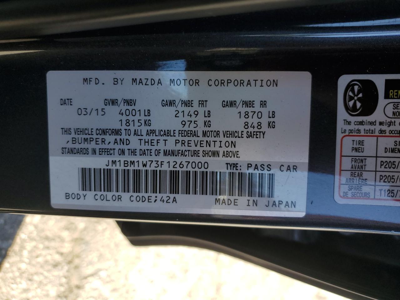 2015 Mazda 3 Grand Touring VIN: JM1BM1W73F1267000 Lot: 89893345