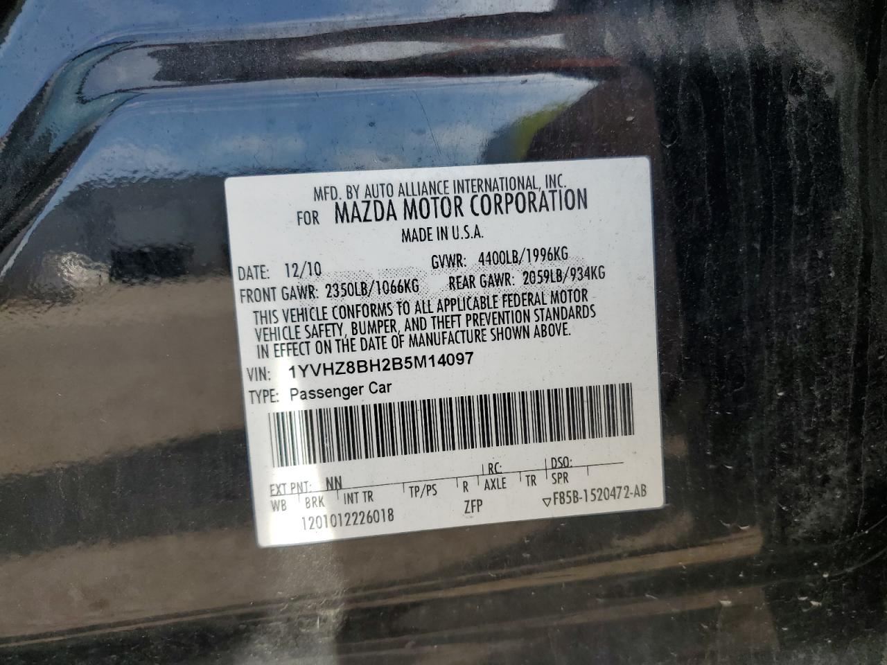 2011 Mazda 6 I VIN: 1YVHZ8BH2B5M14097 Lot: 84769965