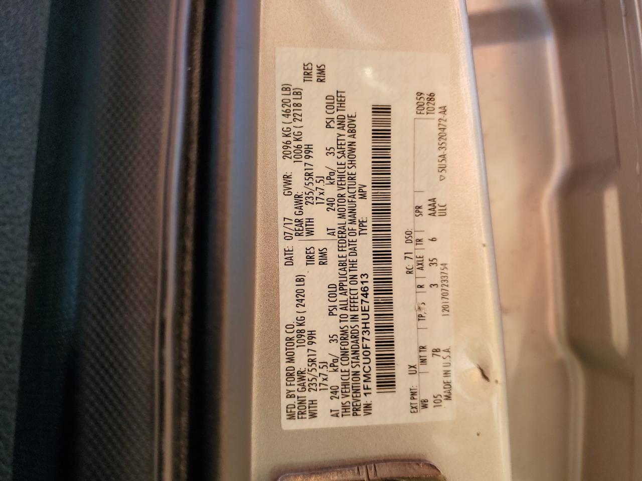 2017 Ford Escape S VIN: 1FMCU0F73HUE74613 Lot: 85577905