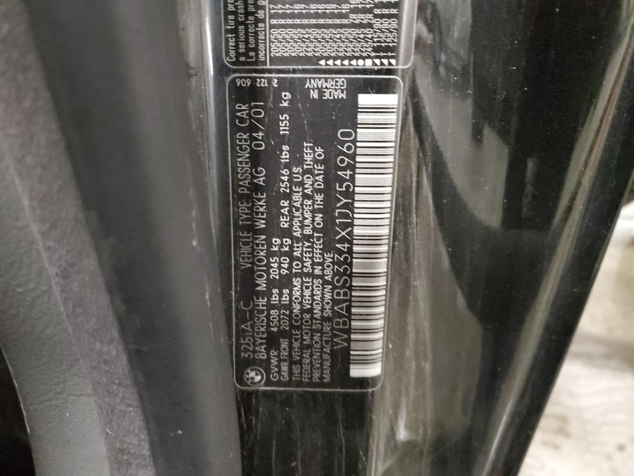 2001 BMW 325 Ci VIN: WBABS334X1JY54960 Lot: 85678825