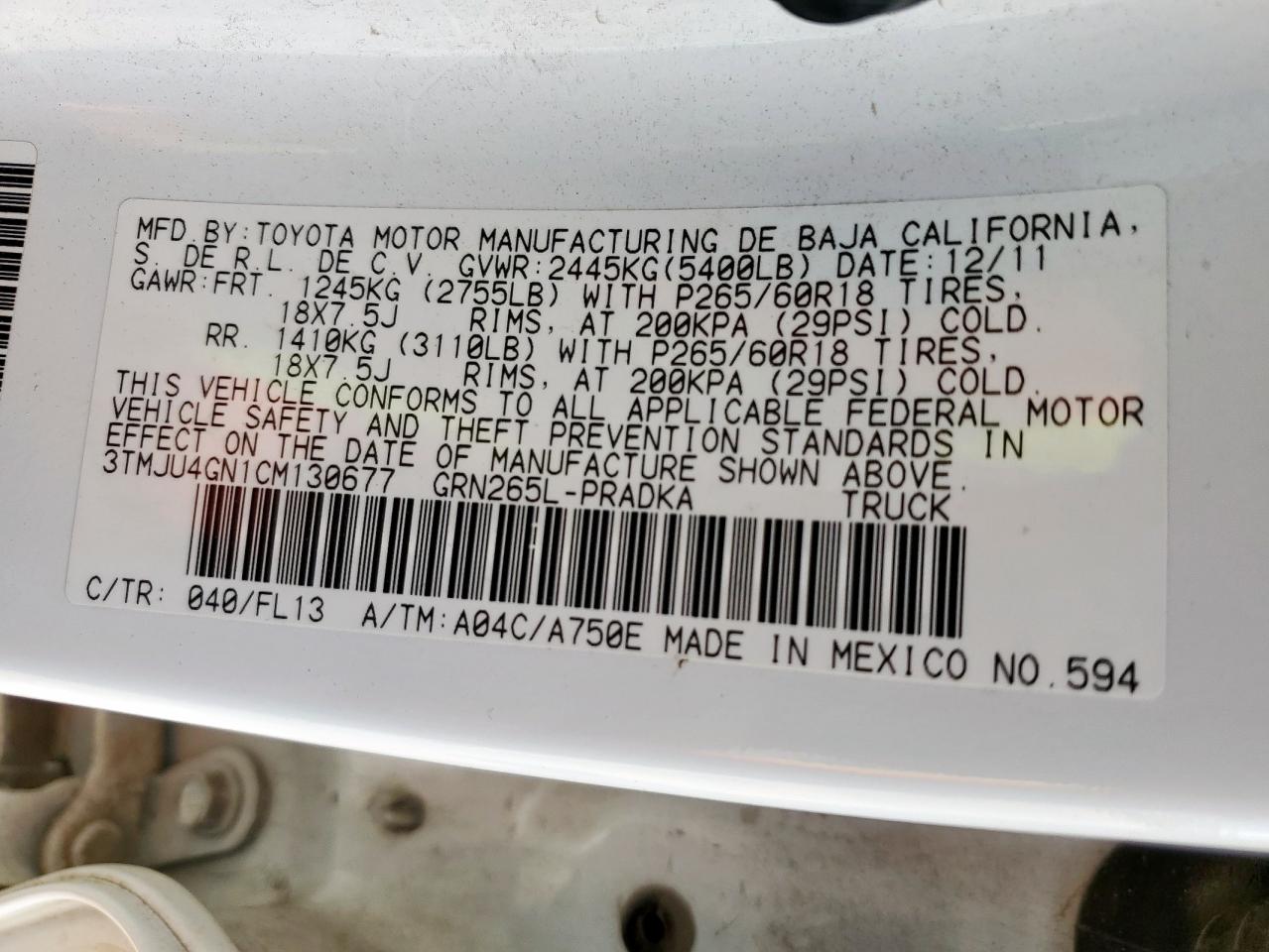 2012 Toyota Tacoma Double Cab Prerunner VIN: 3TMJU4GN1CM130677 Lot: 82222755