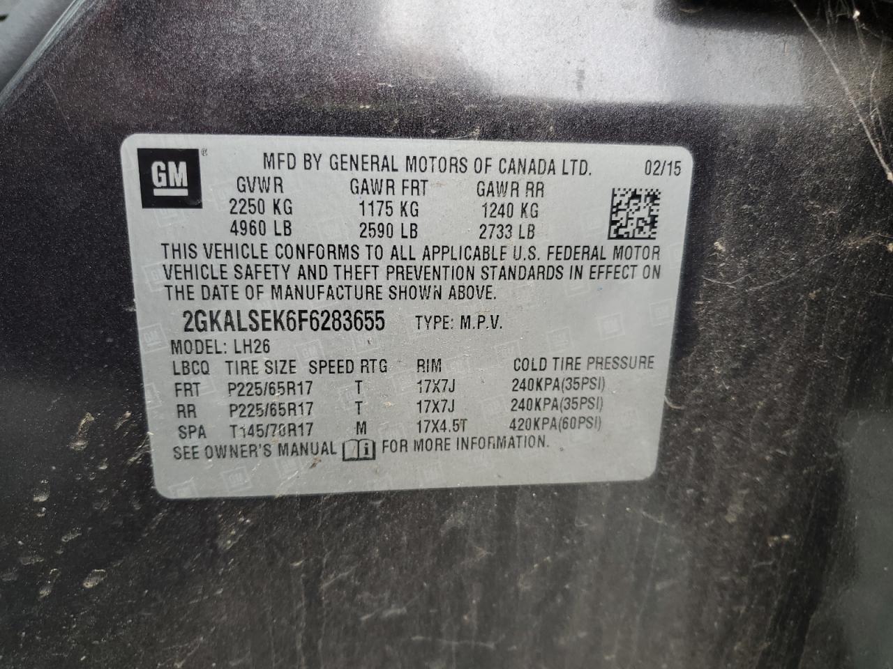 2015 GMC Terrain Slt VIN: 2GKALSEK6F6283655 Lot: 82328125