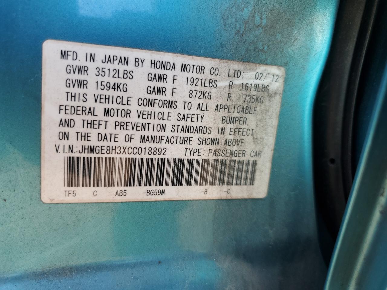 2012 Honda Fit VIN: JHMGE8H3XCC018892 Lot: 85393395