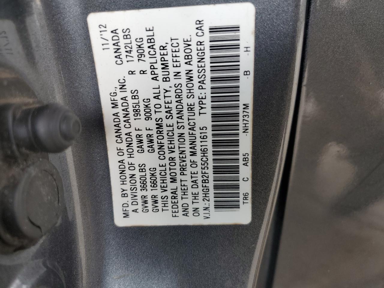 2012 Honda Civic Lx VIN: 2HGFB2F55CH611615 Lot: 87037015
